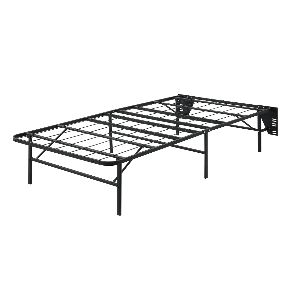 Elevated folding metal bed frame, angled view