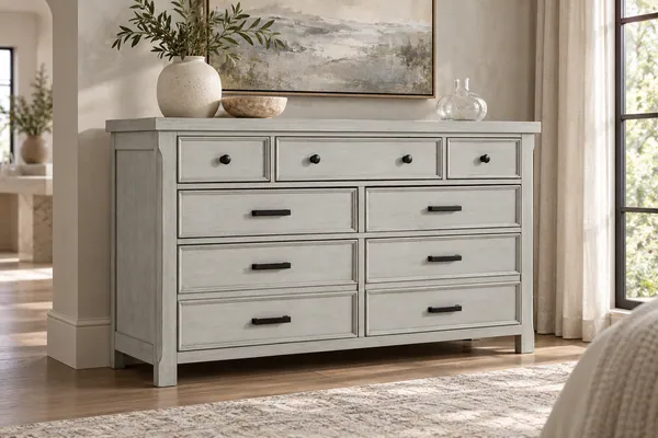 Willowbrook light gray dresser with black hardware and ceramic accents in a sunlit bedroom