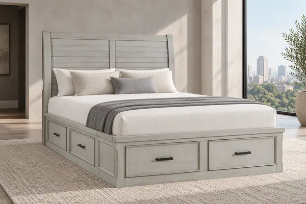 Willowbrook light gray Eastern King storage bed with neutral bedding in a bright bedroom