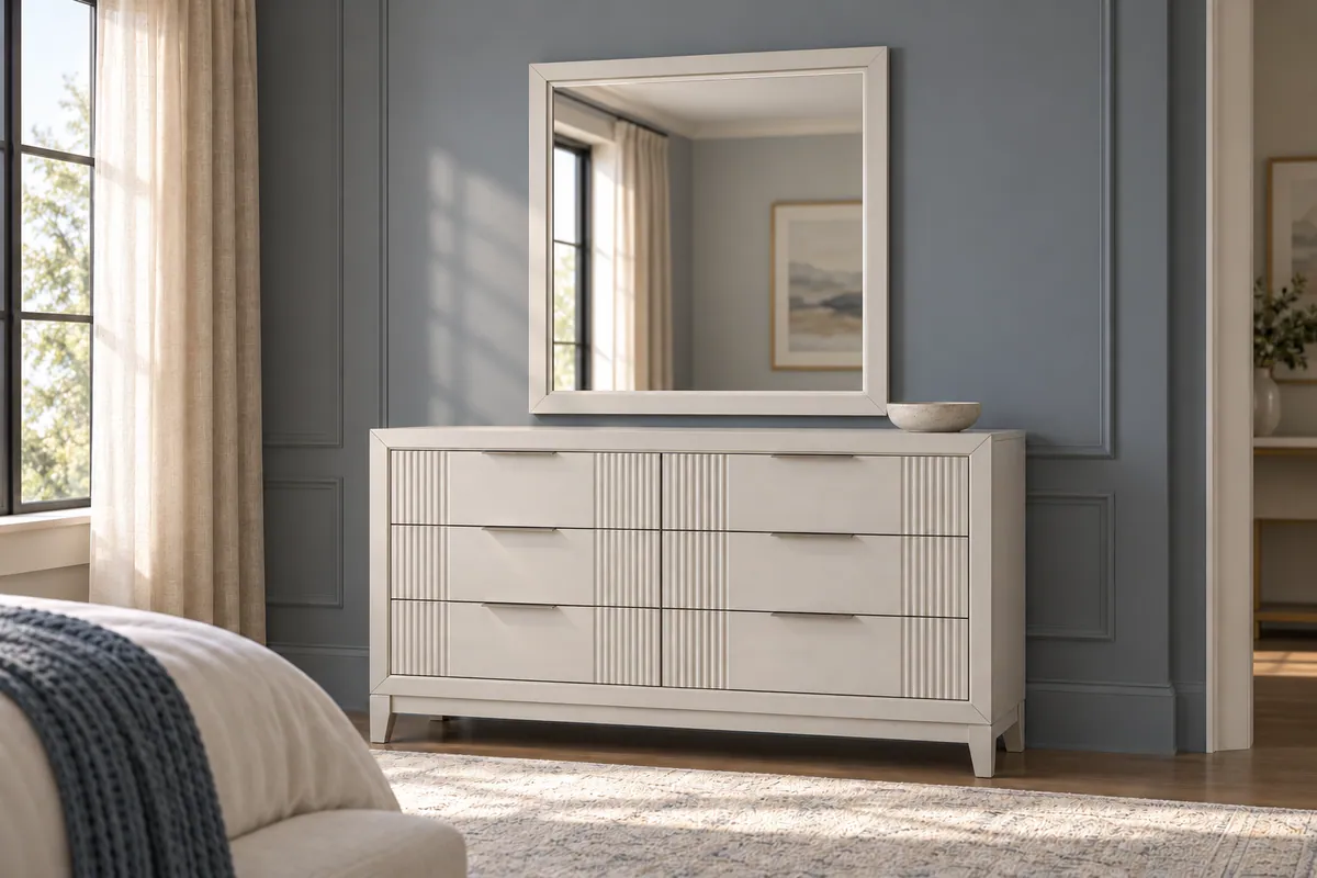 Florence square white framed mirror above a fluted dresser in an elegant bedroom