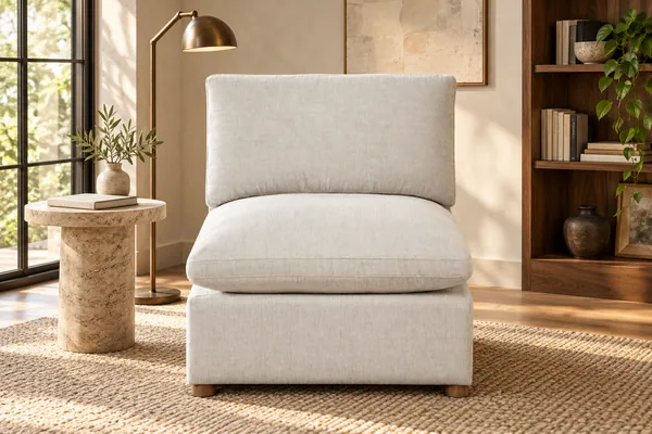 Beige armless chair beside a stone side table in a sunlit reading area
