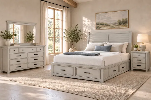 Willowbrook light gray storage bed, nightstand, dresser and mirror in a softly sunlit bedroom