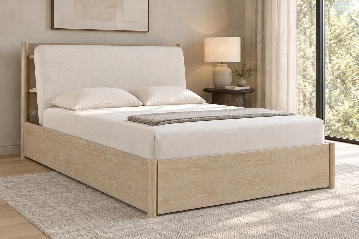 Matteo Eastern King platform bed with an ivory upholstered headboard and light oak frame in a softly lit bedroom