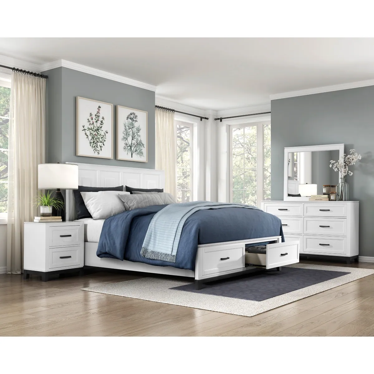 Garretson California King Platform Bed with Footboard Storage — collection room view with other furnishings