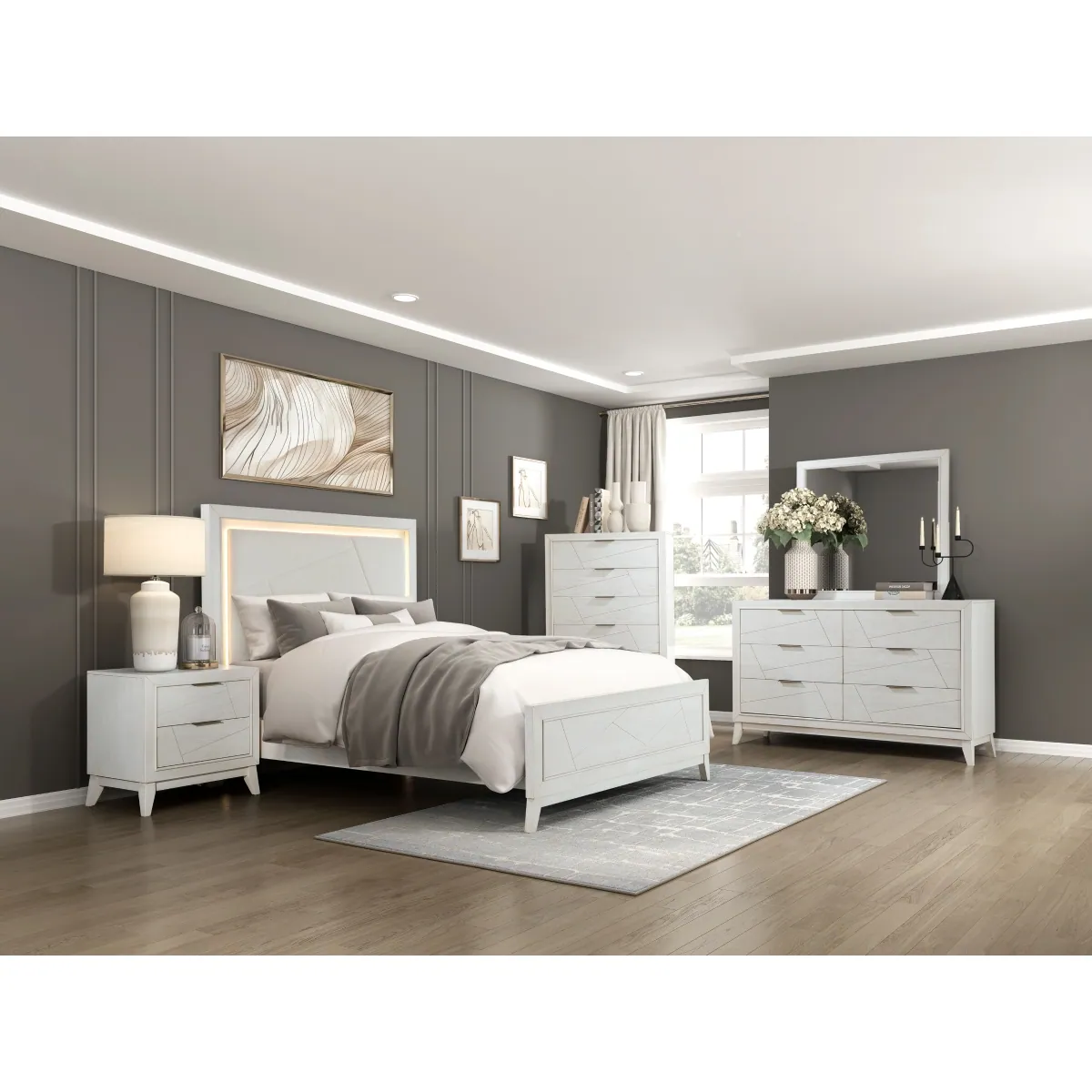 Asteria Queen Bed — collection room view with other furnishings