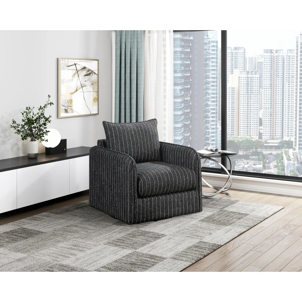 Pinstripe Swivel Chair — styled room view