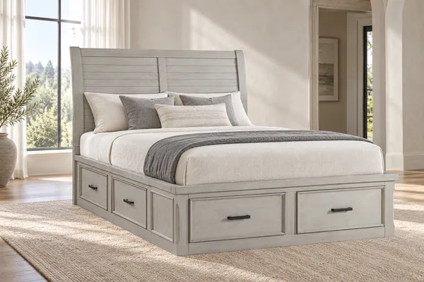 Willowbrook light gray storage bed with layered neutral bedding in a bright bedroom