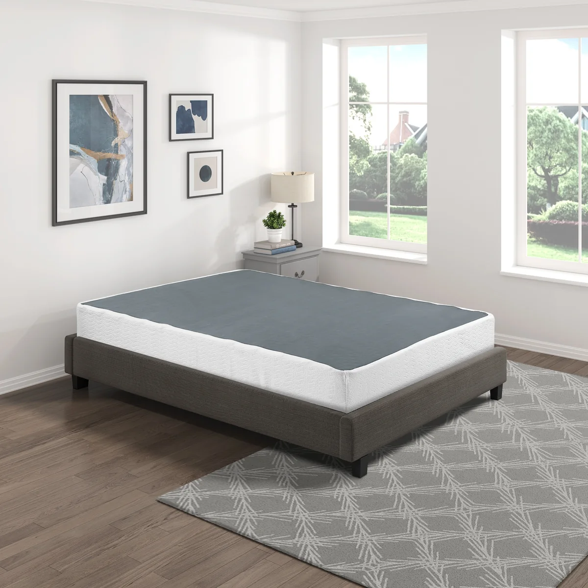 Perrin mattress foundation shown in a bedroom, angled view