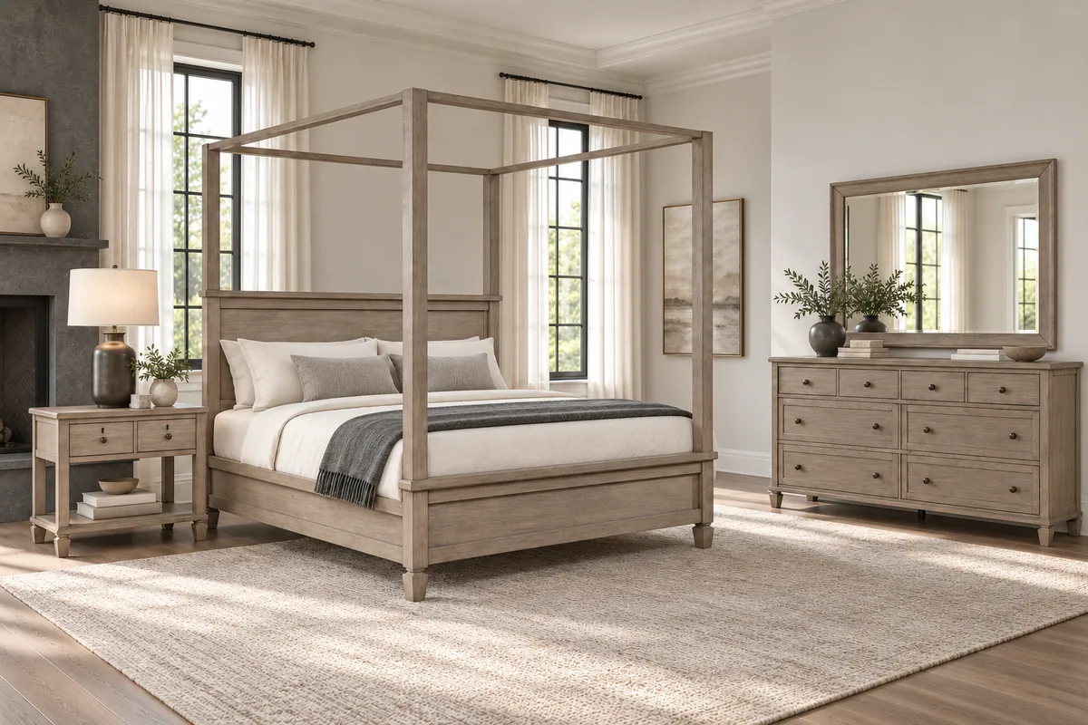 Marceline four-piece gray oak bedroom set with a canopy bed, nightstand, dresser and mirror