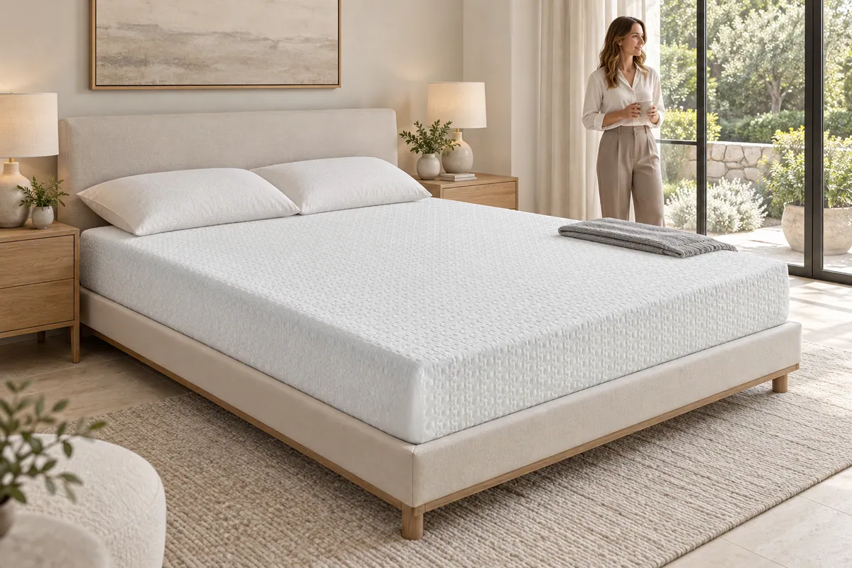 White textured mattress and pillows in a bright bedroom with a woman by the window
