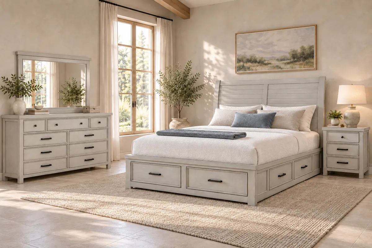 Willowbrook light gray storage bed, nightstand, dresser and mirror in a softly sunlit bedroom