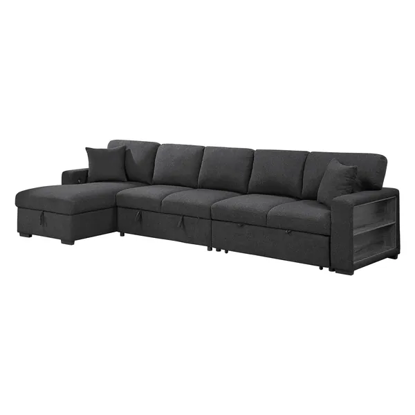 Pompano Sectional with Left Chaise, Pull-Out Bed, Hidden Storages and Shelves, Charging Ports