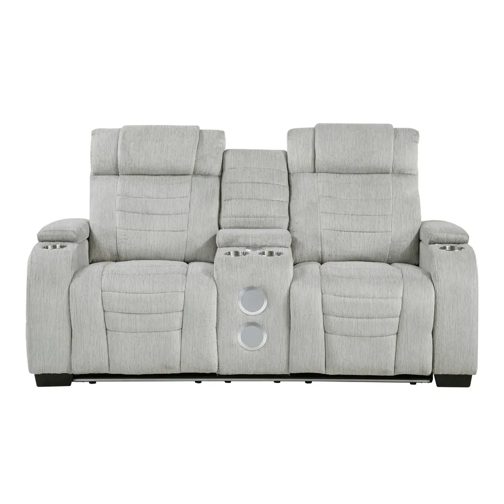 Ronan Double Reclining Love Seat with Center Console, Wireless Speakers, Storage Arms, Cup holders and LED — product view