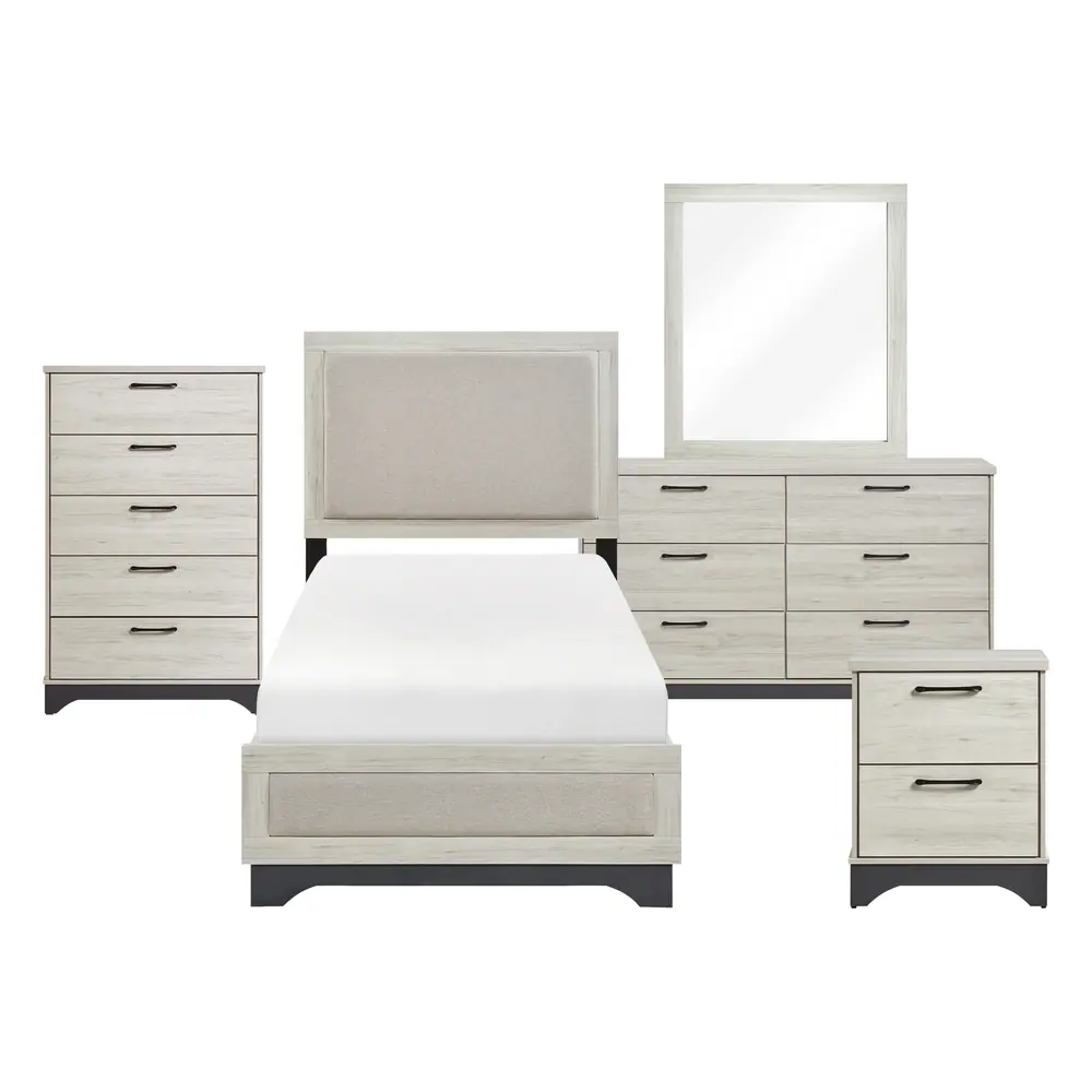 Westport 5 件套：Twin 床、床头柜、梳妆柜、镜子与斗柜产品图