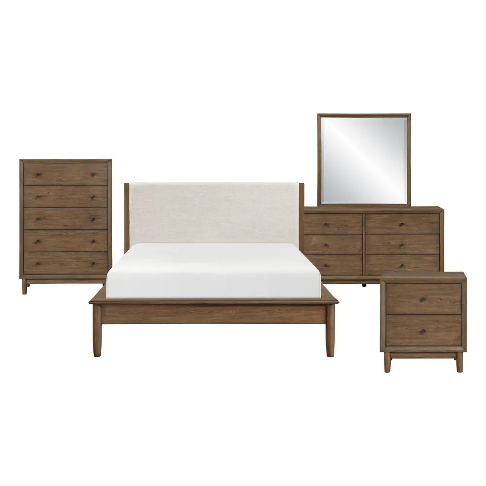 Marlow 5 件套：Queen 床、床头柜、梳妆柜、镜子与斗柜产品图