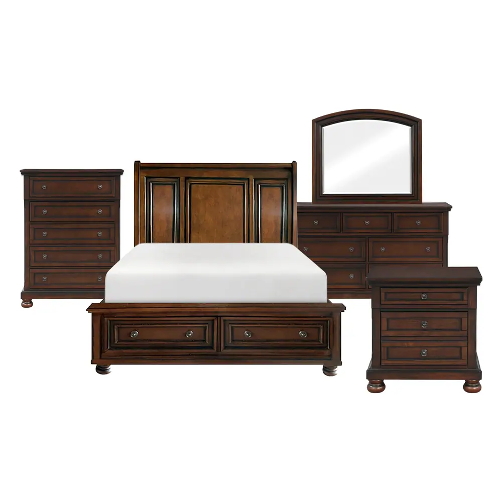 Cumberland 5 件套：Queen 床、床头柜、梳妆柜、镜子与斗柜产品图
