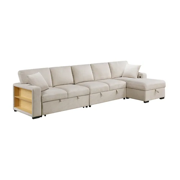 Pompano Sectional with Right Chaise, Pull-Out Bed, Hidden Storages and Shelves, Charging Ports