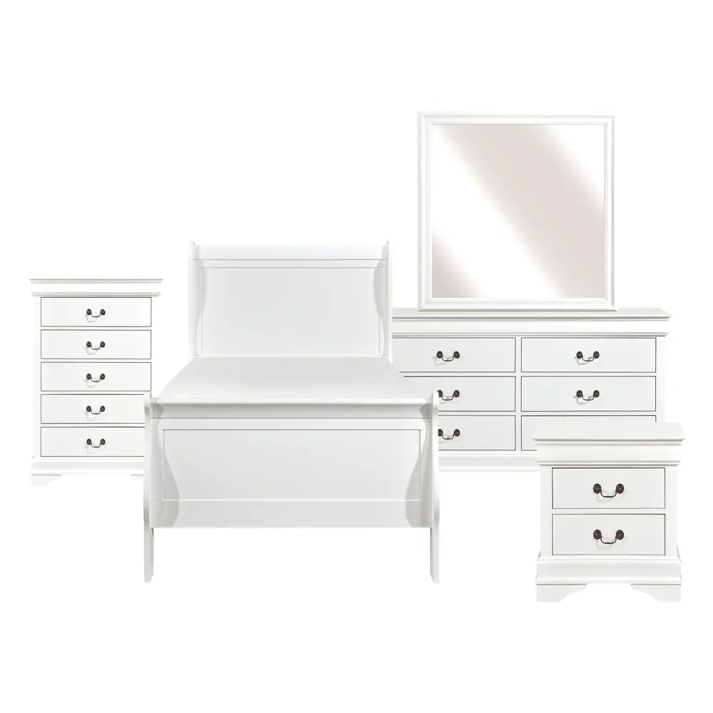 Mayville 5 件套：Twin 床、床头柜、梳妆柜、镜子与斗柜产品图