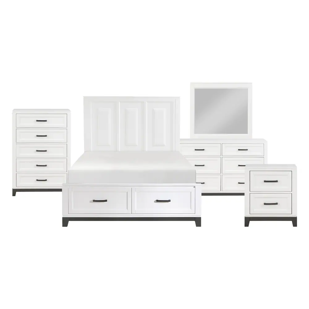 Garretson 5 件套：Queen 床、床头柜、梳妆柜、镜子与斗柜产品图