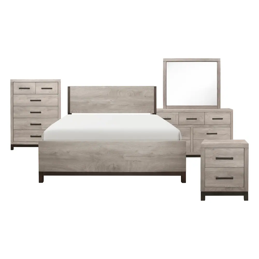 Zephyr 5 件套：Queen 床、床头柜、梳妆柜、镜子与斗柜产品图