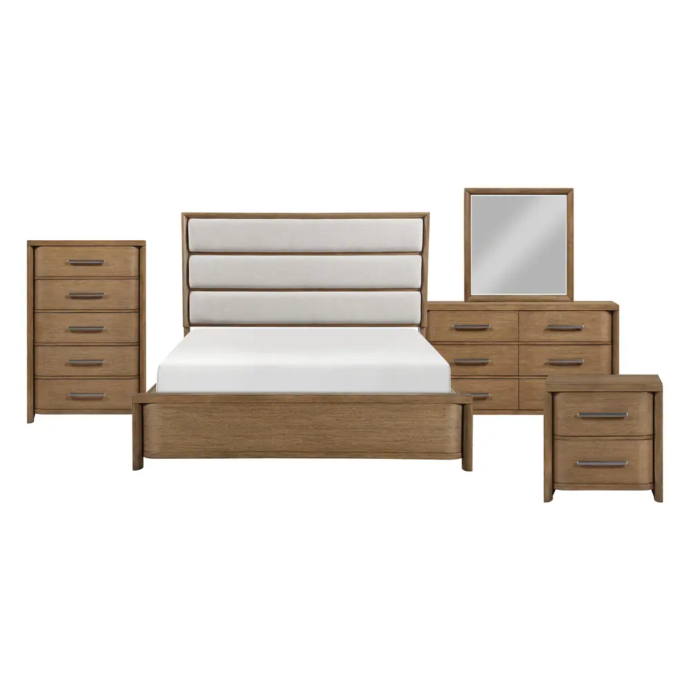 Oakridge 5 件套：Queen 床、床头柜、梳妆柜、镜子与斗柜产品图