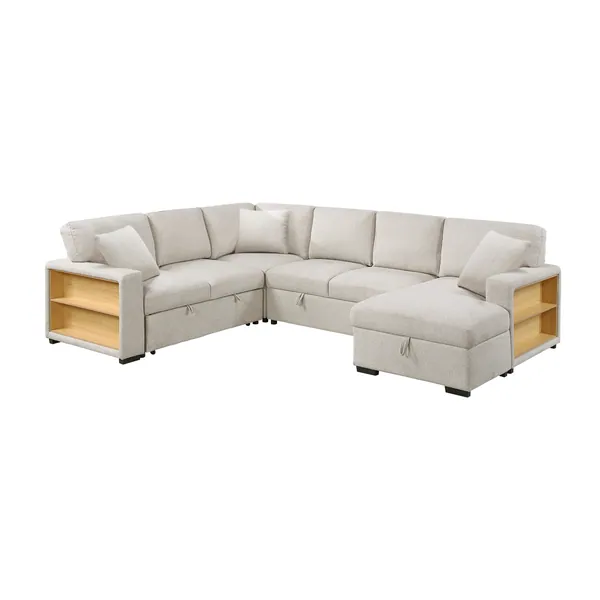 Pompano Sectional with Right Chaise, Pull-Out Bed, Hidden Storages and Shelves, Charging Ports
