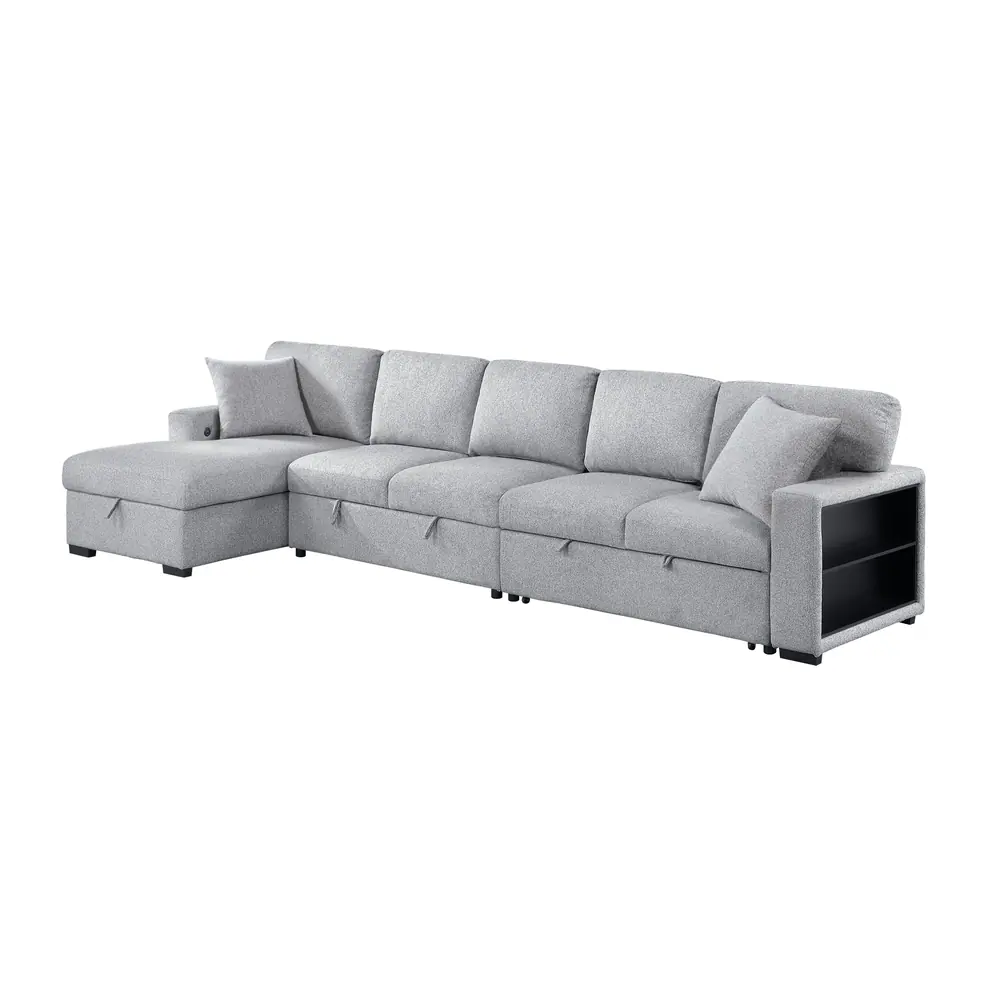 Pompano Sectional with Left Chaise, Pull-out Bed Hidden Storages and Shelves, Charging Ports — product view