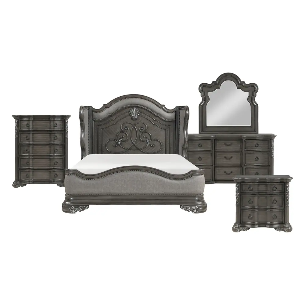 Royal Highlands 5 件套：Queen 床、床头柜、梳妆柜、镜子与斗柜产品图