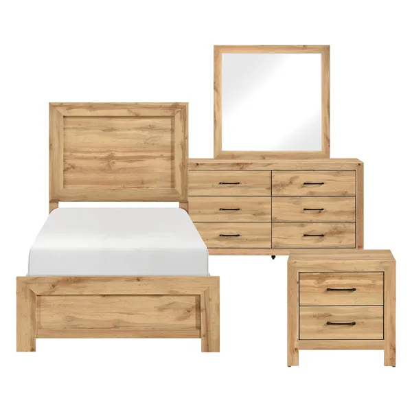 Corbin 4 件套：Twin 床、床头柜、梳妆柜与镜子