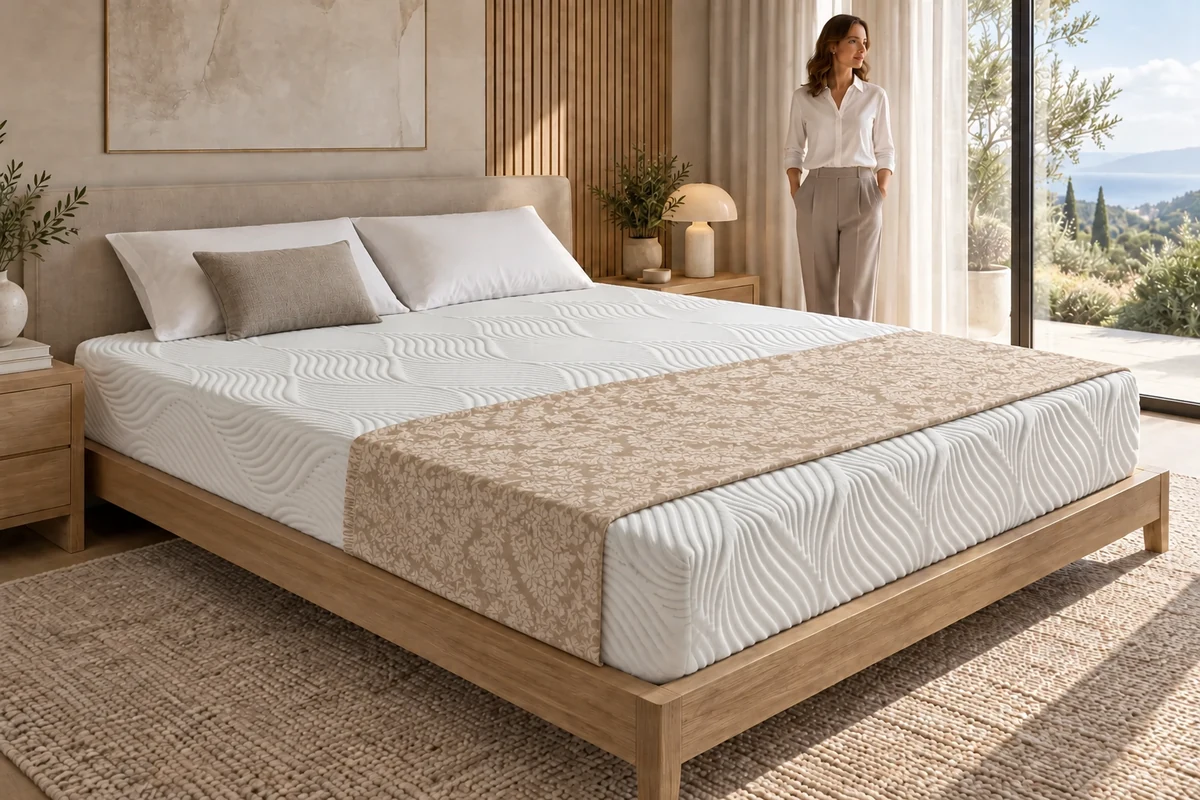 White mattress with pillows and decorative bedding on a bed in a bright bedroom