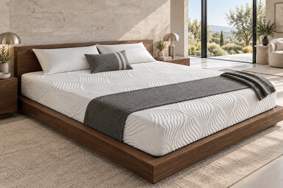 White mattress with pillows and decorative bedding on a bed in a bright bedroom