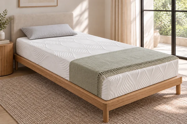White mattress with pillows and decorative bedding on a bed in a bright bedroom