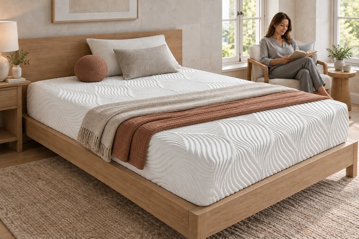 White mattress with pillows and decorative bedding on a bed in a bright bedroom