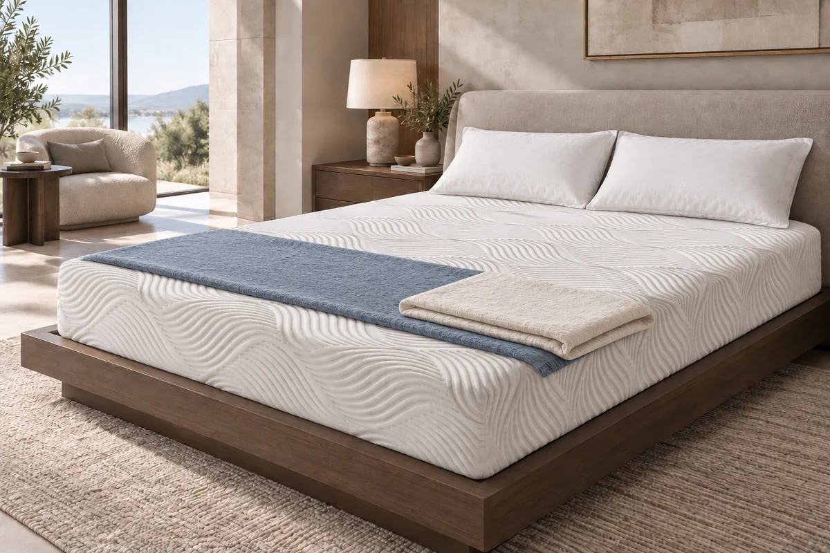 White mattress with pillows and decorative bedding on a bed in a bright bedroom