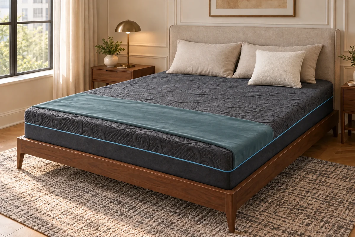 Charcoal mattress with blue piping, pillows and decorative bedding in a bedroom