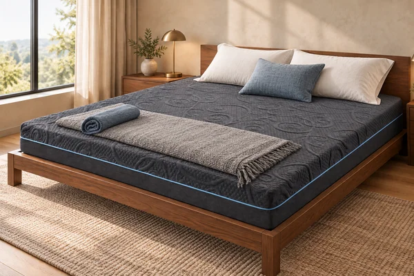 Charcoal mattress with blue piping, pillows and decorative bedding in a bedroom