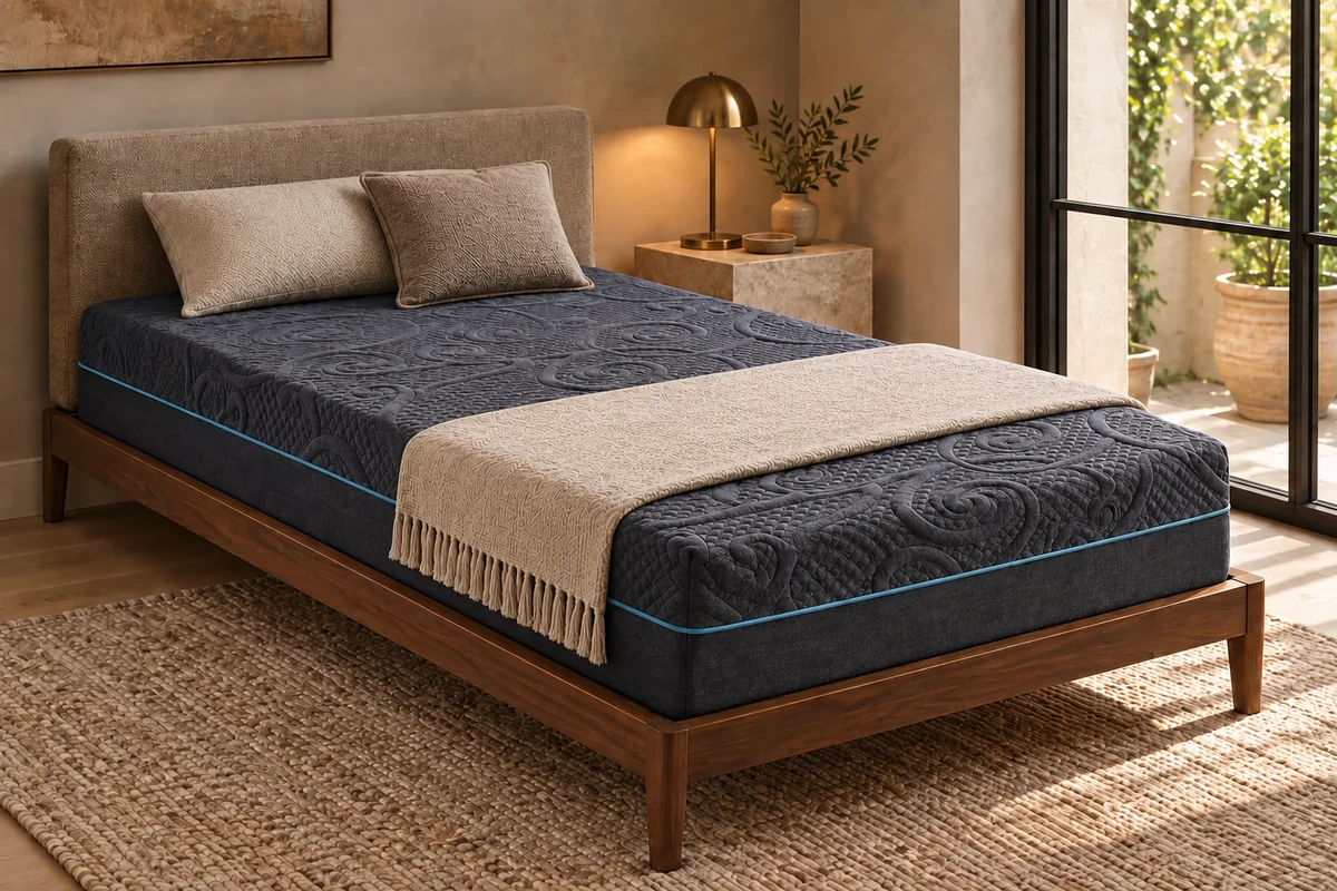 Charcoal mattress with blue piping, pillows and decorative bedding in a bedroom