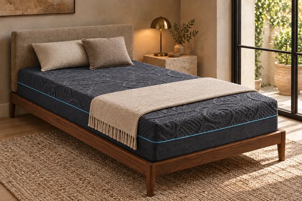 Charcoal mattress with blue piping, pillows and decorative bedding in a bedroom