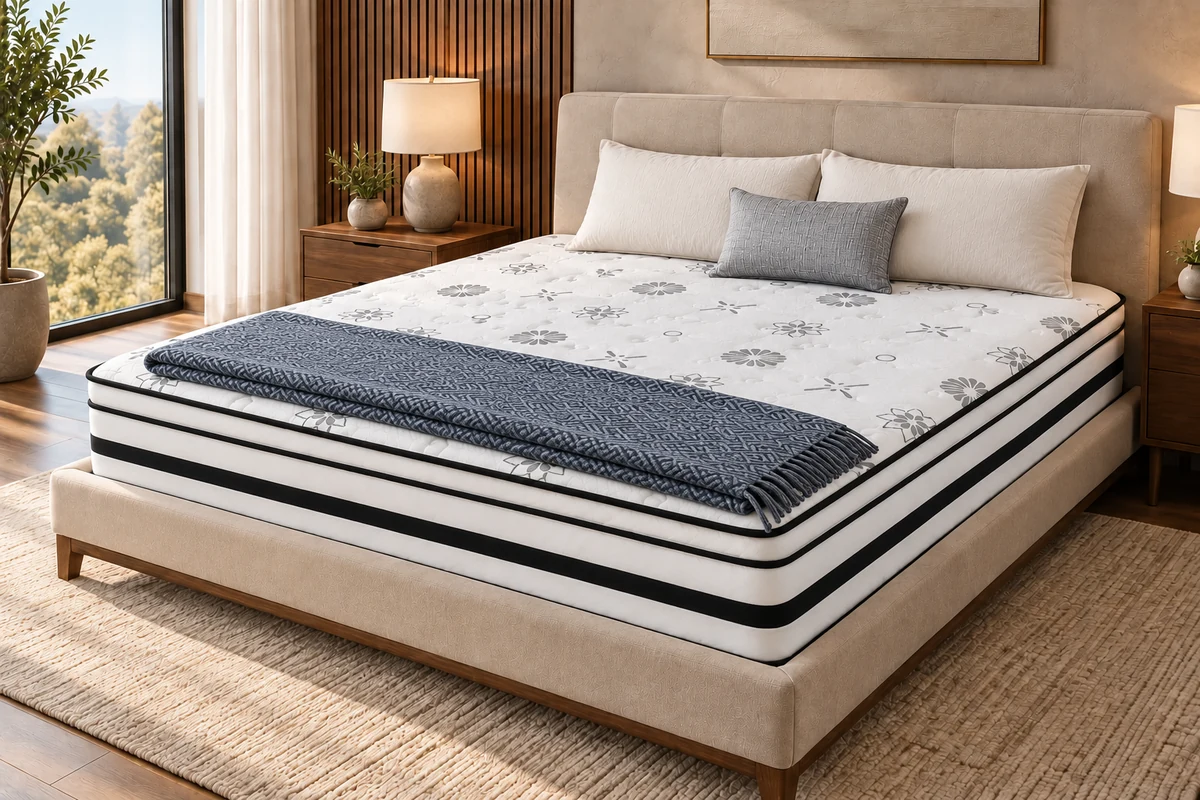 White floral mattress with black side stripes, pillows and decorative bedding in a bedroom