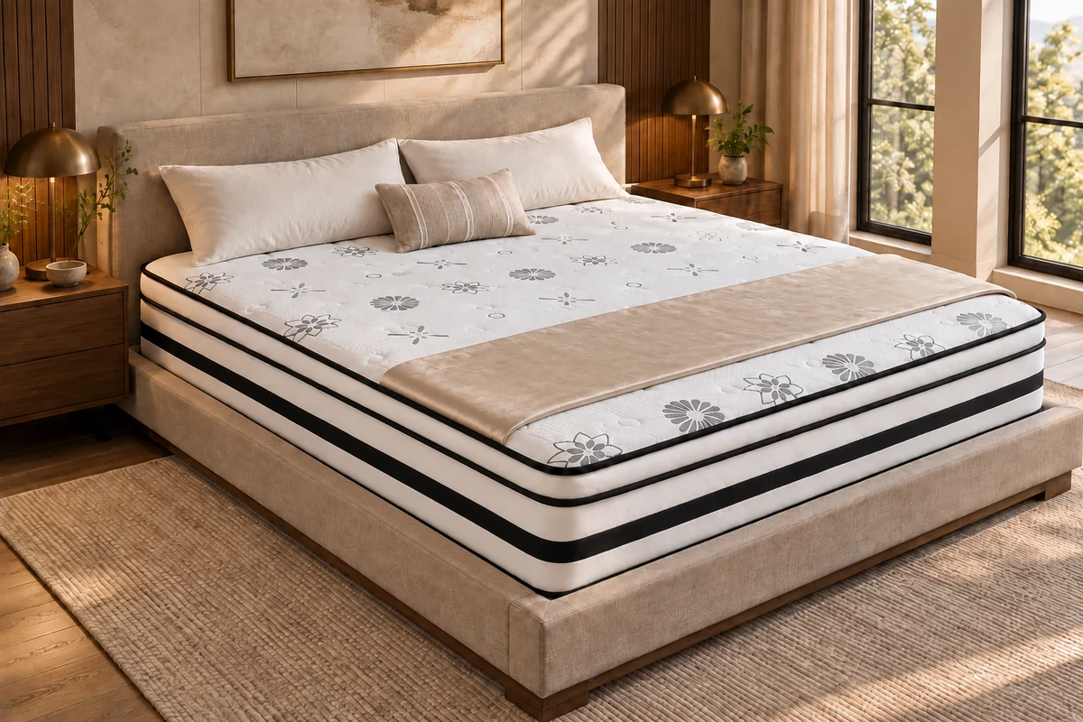 White floral mattress with black side stripes, pillows and decorative bedding in a bedroom