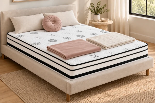 White floral mattress with black side stripes, pillows and decorative bedding in a bedroom