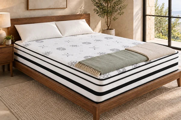 White floral mattress with black side stripes, pillows and decorative bedding in a bedroom