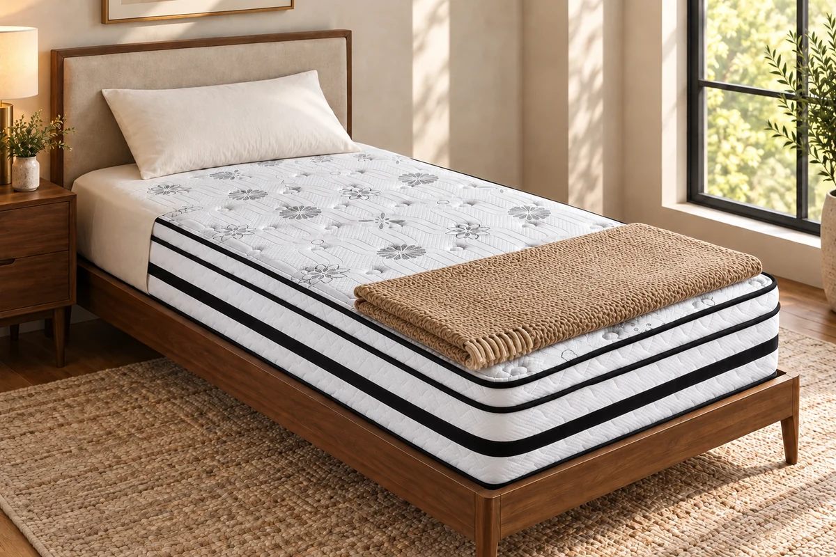White floral mattress with black side stripes, pillows and decorative bedding in a bedroom
