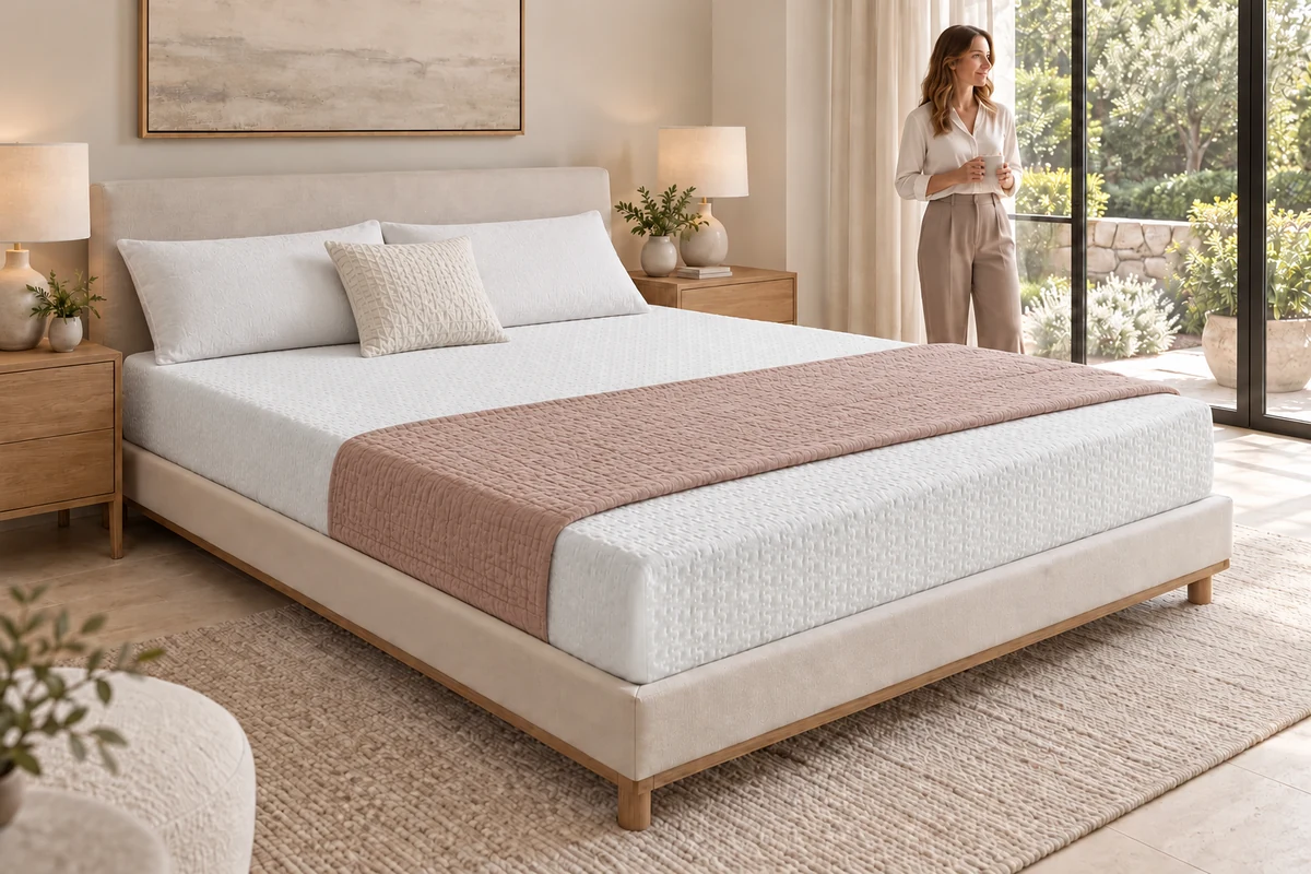 White mattress with pillows and decorative bedding on a bed in a bright bedroom