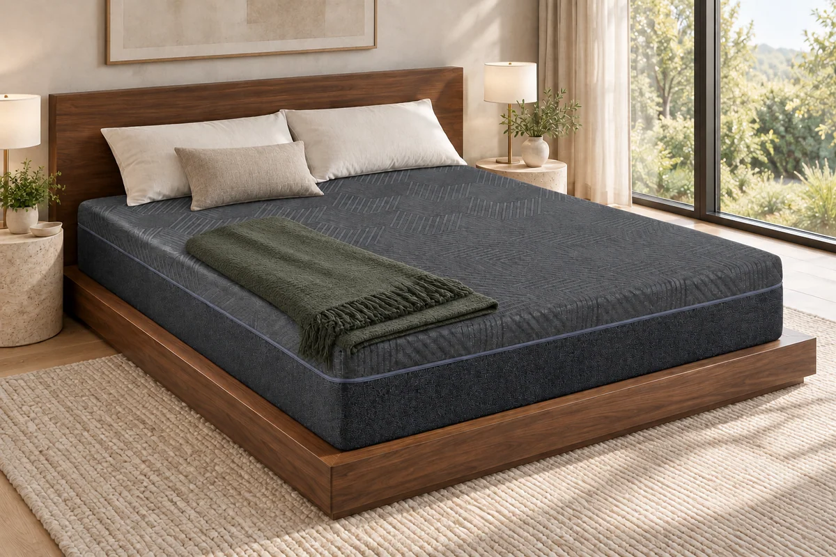 Charcoal mattress with a compact green folded throw on a wooden bed.