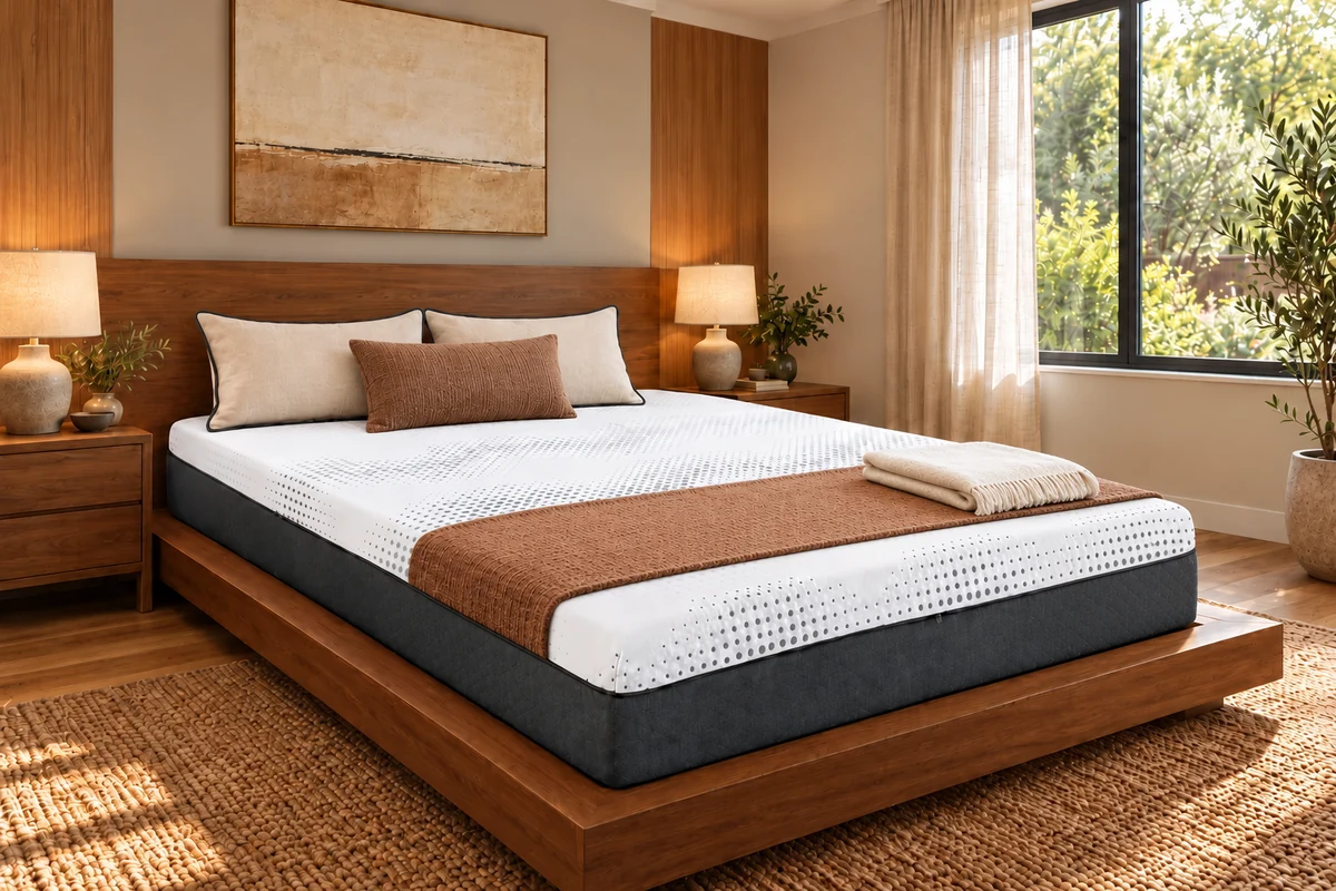 Findlay 12" hybrid mattress with a white textured top, dark sides and a rust-colored runner on a wood bed