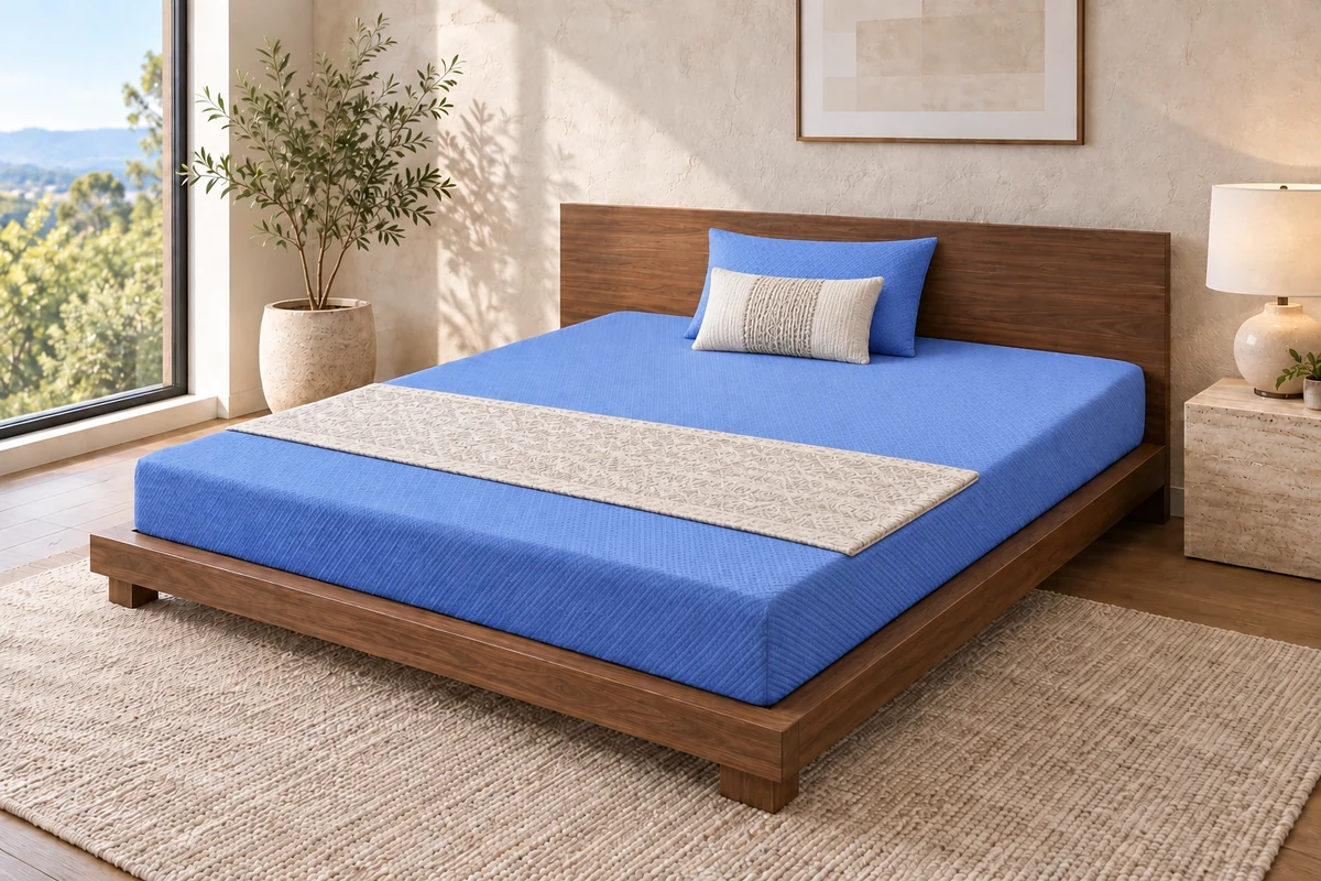 Blue mattress and matching pillow with a light patterned runner on a wooden bed.