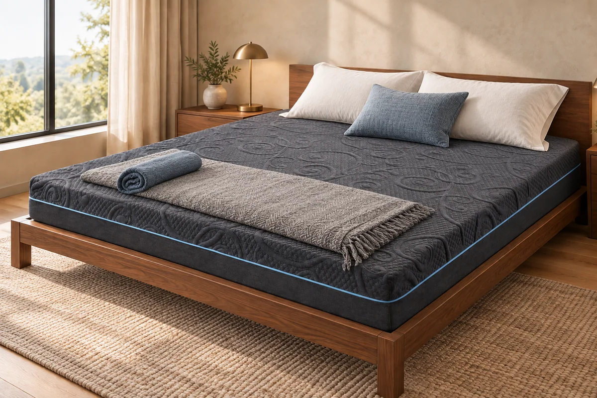 Charcoal mattress with blue piping, pillows and decorative bedding in a bedroom