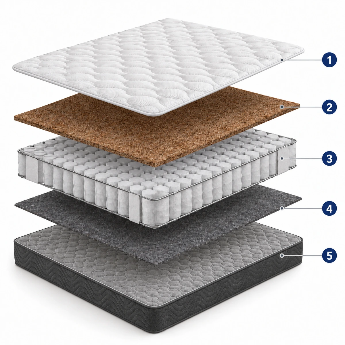 Exploded construction view of MCI Star Coir & Pocket Spring Mattress · B802-9″, numbered from top to bottom