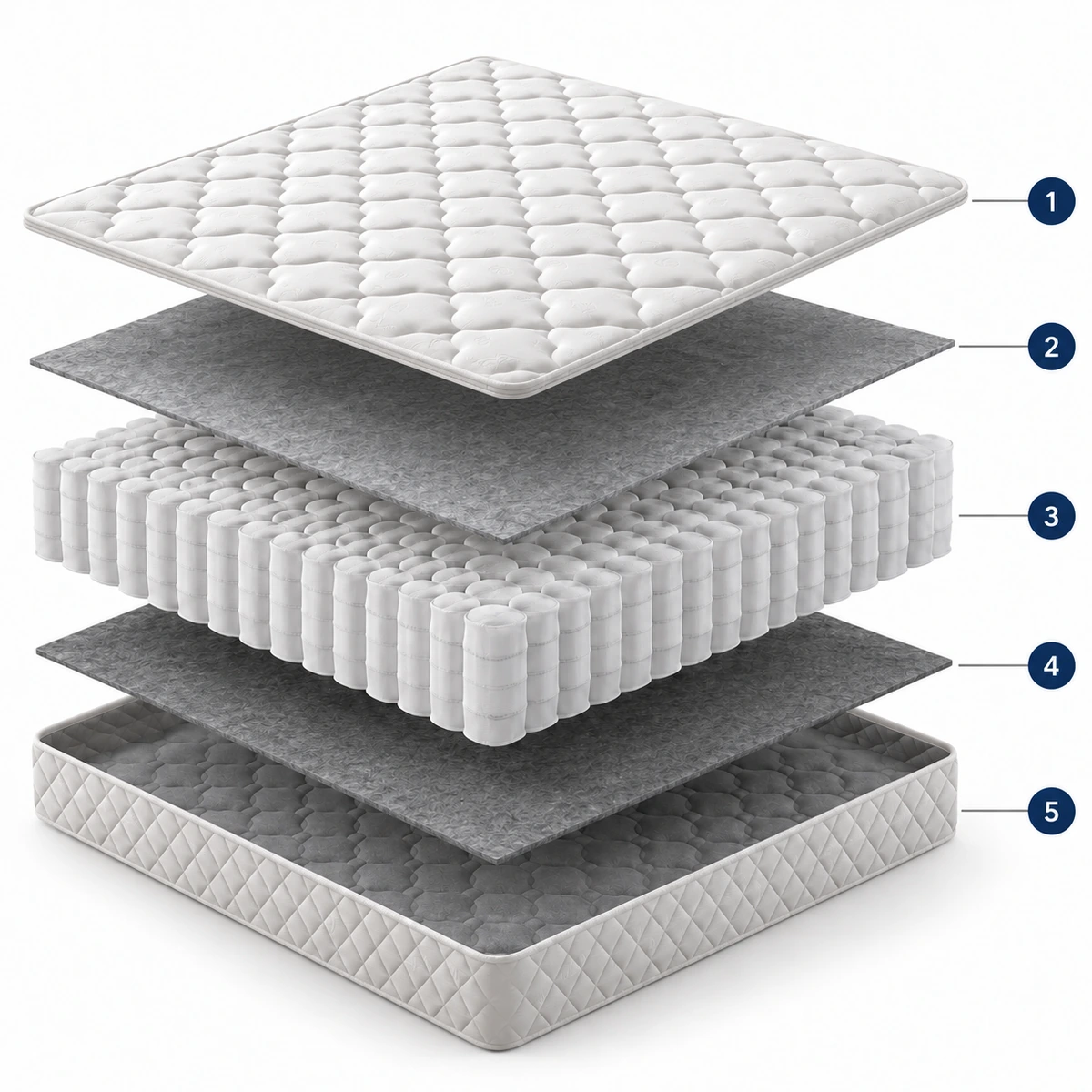 Exploded construction view of MCI White Leaf Pocket Spring Mattress · W802-9″, numbered from top to bottom